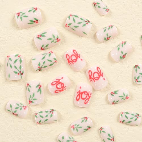 24Pcs Christmas Press on Nails Short Square Fake Nails Red False Nails Press Ons With Christmas Fruit Letter Printing Design Nail Stick on Nails Acrylic Manicure Kit Nail for Women Decor