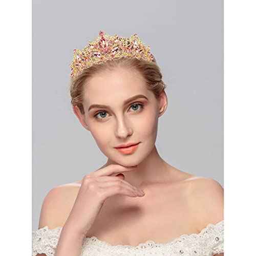 Pink Tiara for Women Gold Crown for Girls Wedding Princess Birthday Crystal Rhinestones Headbands for Prom Bridal Party Halloween Costume Christmas Gift