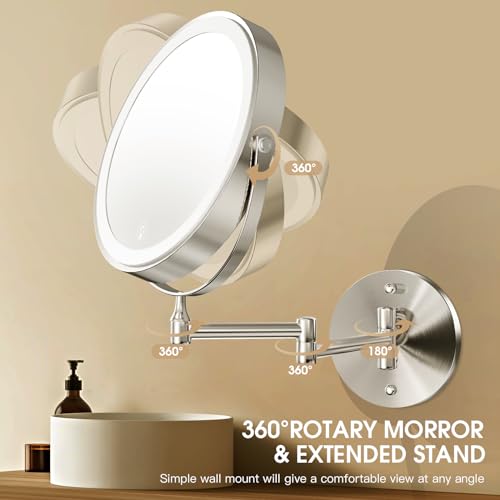 Wall Mounted Lighted Makeup Mirror, 8" Rechargeable Double-Sided Light up Magnifying Mirror 1x/10x, 3 Color Led Vanity Mirror with Lights, Touch Dimmable 360¡Æ Rotation Foldable-Nickel