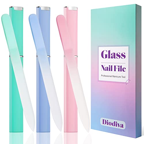 Glass Nail File 3 Pack for Natural Nails, Crystal Fingernail Files with Case Etched Nail Filer Professional Nail File Glass Lima de u?as, Unique Christmas Gifts Stocking Stuffers for Women Adults