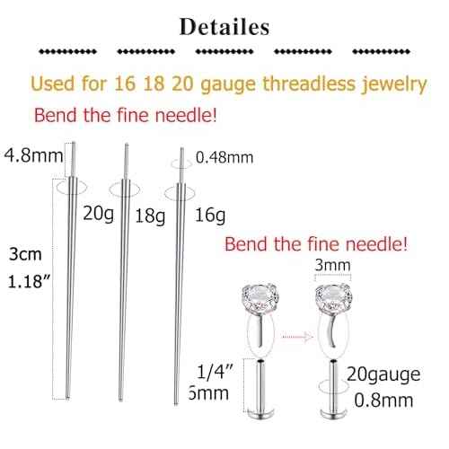 QWALIT Piercing Taper Threadless Insertion Tool - Titanium Labret Pin 16g, 18g, 20g