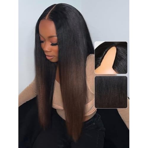 Beauty Forever V Part Wig Human Hair Yaki Straight EasiContour Vpart Wigs No Leave Out Ombre Chestnut Brown Glueless Upgraded U Part Wigs for Women None Lace Front Wigs T128 Color 150% Density 18inch