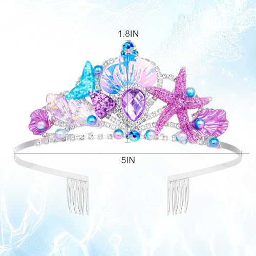 Mermaid Crown Pearl Mermaid Headband Purple Mermaid Birthday Decorations with Flower Rhinestone Mermaid Party Favors Mermaid Hair Accessories Halloween Costume Women Seashell Starfish Fish Tail