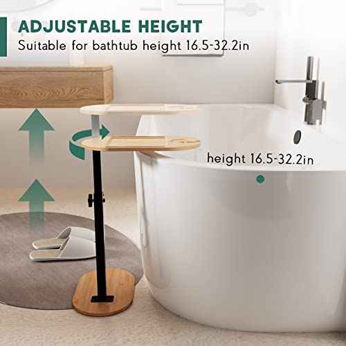 Bamboo Bathtub Tray Table with Adjustable Height, Freestanding Bath Caddy Tray for Tub Against Wall, Bathtub Side Table for Luxury Bath Home Spa Homewarming - Patent Protected (Natural)