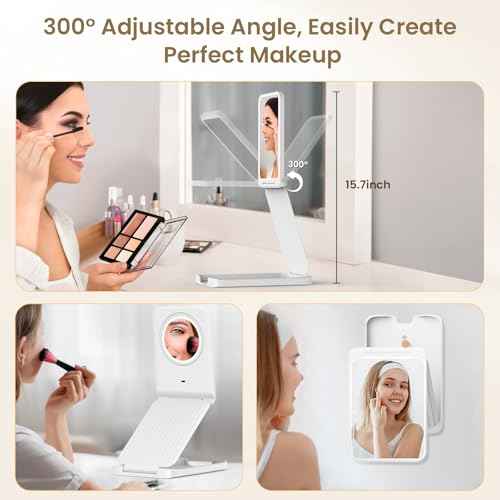 Travel Makeup Mirror with Lights, Foldable 1X Vanity Lighted Mirror with 10X Magnification, Rechargeable 1500mAh, Dimmable Touch Screen, Freely Adjust Height and Angle