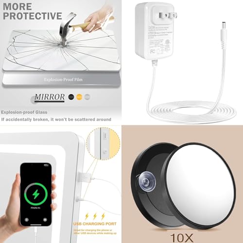 Makeup Vanity Mirror with Lights 20" L x 26" W Large LED Makeup Mirror, Light up Mirror with 10X Magnification and USB Charging Port, Dimmable 3 Modes, Touch Screen Control White