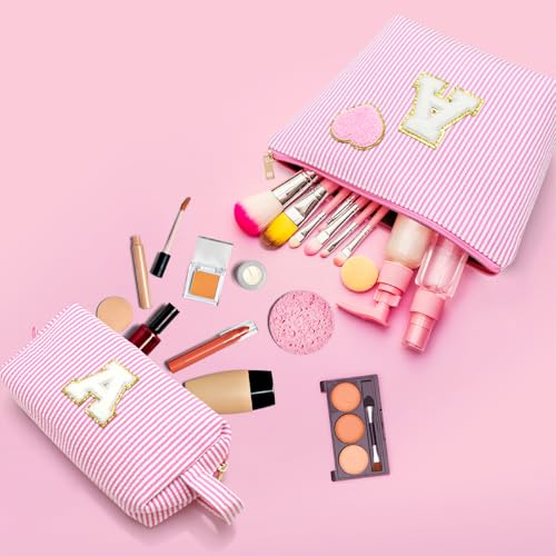 Initial Makeup Bag Personalized Preppy Cosmetic Bag Trendy Toiletry Travel Bag For Teen Girls Kids Women Letter Makeup Pouch Purse Holiday Gifts Birthday Christmas Gifts 2pack (A, Blue)