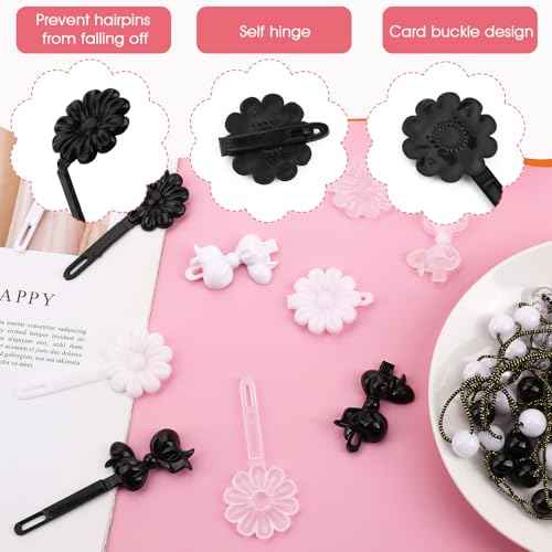 Yolev 72 Pieces Self Hinge Plastic Hair Barrettes for Girls Bowknot and Flower Hair Clips Cute Hair Barrettes 80s 90s Hair Barrette Hair Clip for Girls (Black/White/Transparent)