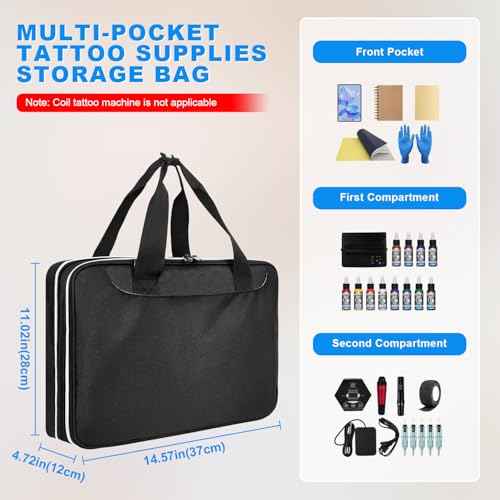 Grekos Tattoo Carrying Case, Tattoo Supplies Organizer, Double Layer Tattoo Tools Carrying Case Travel Bag for Tattoo Stencil Printer, Tatoo Pens Equipmen,Tattoo Ink,Equipment and Supplies(Black Bag)