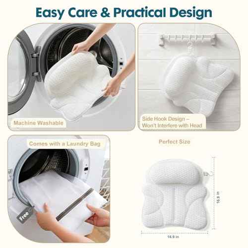 Bath Pillows for Tub ? Bathtub Pillow with Head, Neck & Shoulder Support, Non-Slip Tub Pillow for Bathtub & Jacuzzi, Breathable Bath Tub Pillow with Wash Bag, Bath Accessories Gift for Women & Men