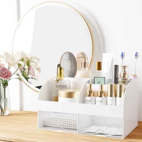 Makeup Organizer with Drawers, Cosmetic Storage for Dresser Vanity and Bathroom Countertop, Beauty Holder for Lipstick Brush, Skincare Organizer for Vanity, Cosmetic Display Case (White)