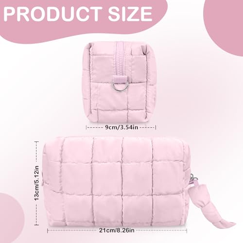 Puffy Quilted Makeup Bag, Cute Checkered Cosmetic Bags with Divider, Waterproof Travel Toiletry Bag, Make up Pouch for Women & Girls Travel Essentials (Bow, Pink, Medium)