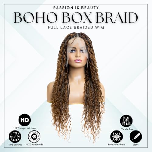 PIB 24'' Full Lace Bohemian Box Braid Wig - Knotless Braided Wigs for Black Women - Synthetic Braided Wig with Natural Baby Hair - Off Black and Brown #1B30