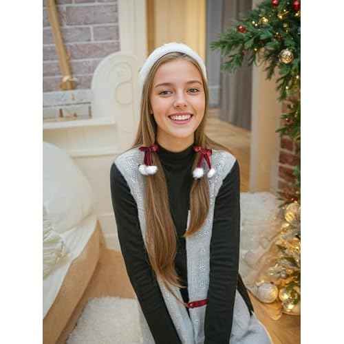 Red Bow Fluffy Fur White Pom Pom Hair Clips & Barrettes 2 Pcs - For Teen Girls Women - Fall Winter Christmas Accessories