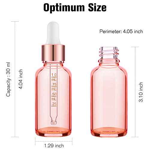 PrettyCare 4 Pack 1oz Dropper Bottles for Essential Oils with Labels, Funnel & Measured Pipettes, 30 ml Leak Proof Rose Glass Essential Oils Bottles- Empty Tincture Bottles for Personal Care & Beauty
