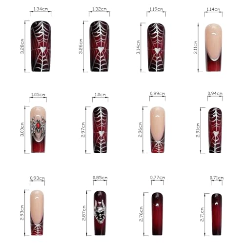 Halloween Square Press on Nails Long Wine Red Fake Nails with 3D Spider Skull Designs Glossy French Tip Glue on Nails Full Cover Halloween Stick on Nails Medium Artificial Nails for Women, 24Pcs