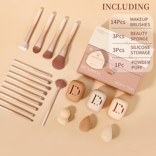 DUcare Makeup Brushes Set 14Pcs Coffee Series Makeup Brush set with Makeup Sponges Gifts Foundation Blending Face Powder Blush Eye Shadows Brushes