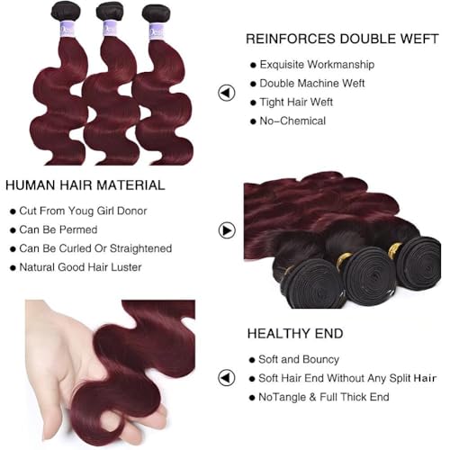 1B/99J Ombre Body Wave Bundles Human Hair 3 Bundles Human Hair Body Wave 100% Unprocessed Brazilian Virgin Human Hair Extensions(18 20 22Inch)