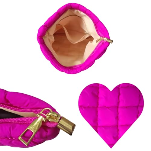 Soft Checkered Quilted Puffy Makeup Bag for Women, Aesthetic Puffer Cosmetic Bag Pouch for Purse (Hot Pink)