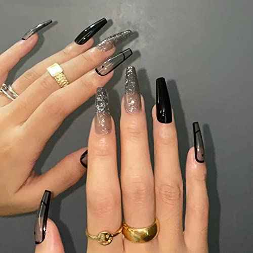 BABALAL Glitter Press on Nails Black French Fake Nails Shiny Clip on Nails Long Ballerina Artificial Finger Manicure with Nail Glue for Women and Girls