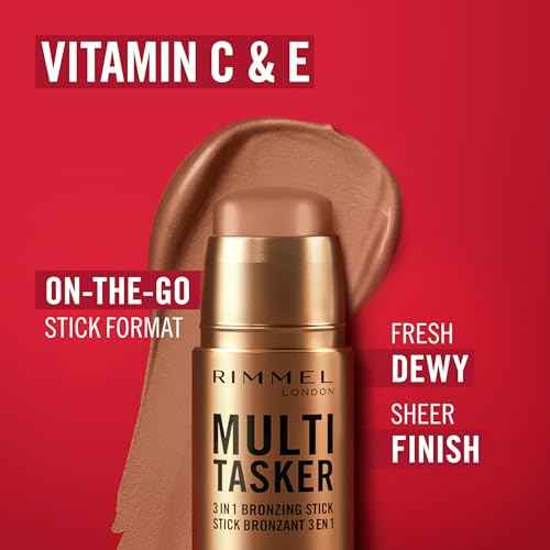 Rimmel Multi Tasker 3 in 1 Bronzing Stick, 001 Light, Sculpted and Bronzed Glow, All-Day Wear, Sheer and Dewy Finish, Infused with Vitamin C & E, Vegan Formula, Cruelty-Free