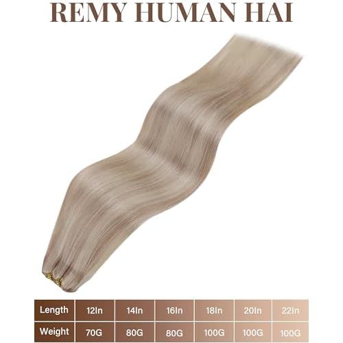 Hetto Sew in Hair Extensions Real Human Hair Ash Blonde Highlight Light Blonde Weft Human Hair Extensions Invsiible Sew in Hair Extension Silky Straight 20 Inch 100g