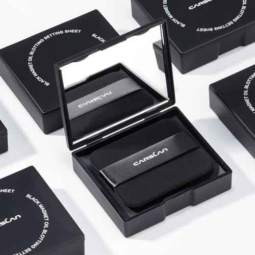 CARSLAN Black Magnet Oil Blotting & Setting Sheets with Mirror & Powder Puff, 2-in-1 Oil Absorbing Facial Papers, Natural Plant Fiber, On-the-Go Touch-Up, 150 Sheets + 8 Refill Pads