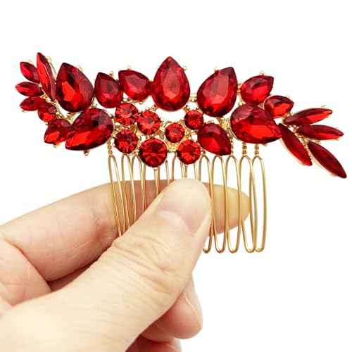 BETITETO Bridal Crystal Hair Accessories Small Wedding Gold Hair Piece with Comb for Women Girls (Red)