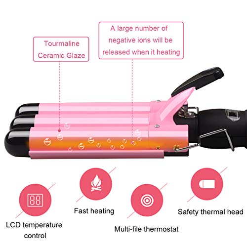 3-Barrel Curling Iron Ceramic Tourmaline Crimper with LCD Display & Dual Voltage Crimper Hair Tool for Women Beach Waves with Adjustable Temp (Pink)