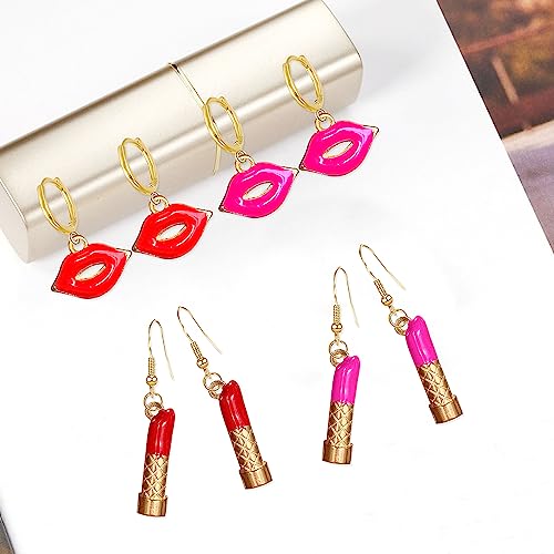 GBAHFY 4 Pairs Sexy Red Pink Lips Lipstick Alloy Dangle Earrings Fashion Long Lipstick Drop Earrings for Woman Set