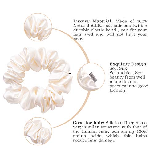 MTSNOO Silk Scrunchies for Hair, 100% Pure 22 Momme Mulberry Silk Scrunchies for Curly Hair with Elastic Band, 4 Pack, Ivory