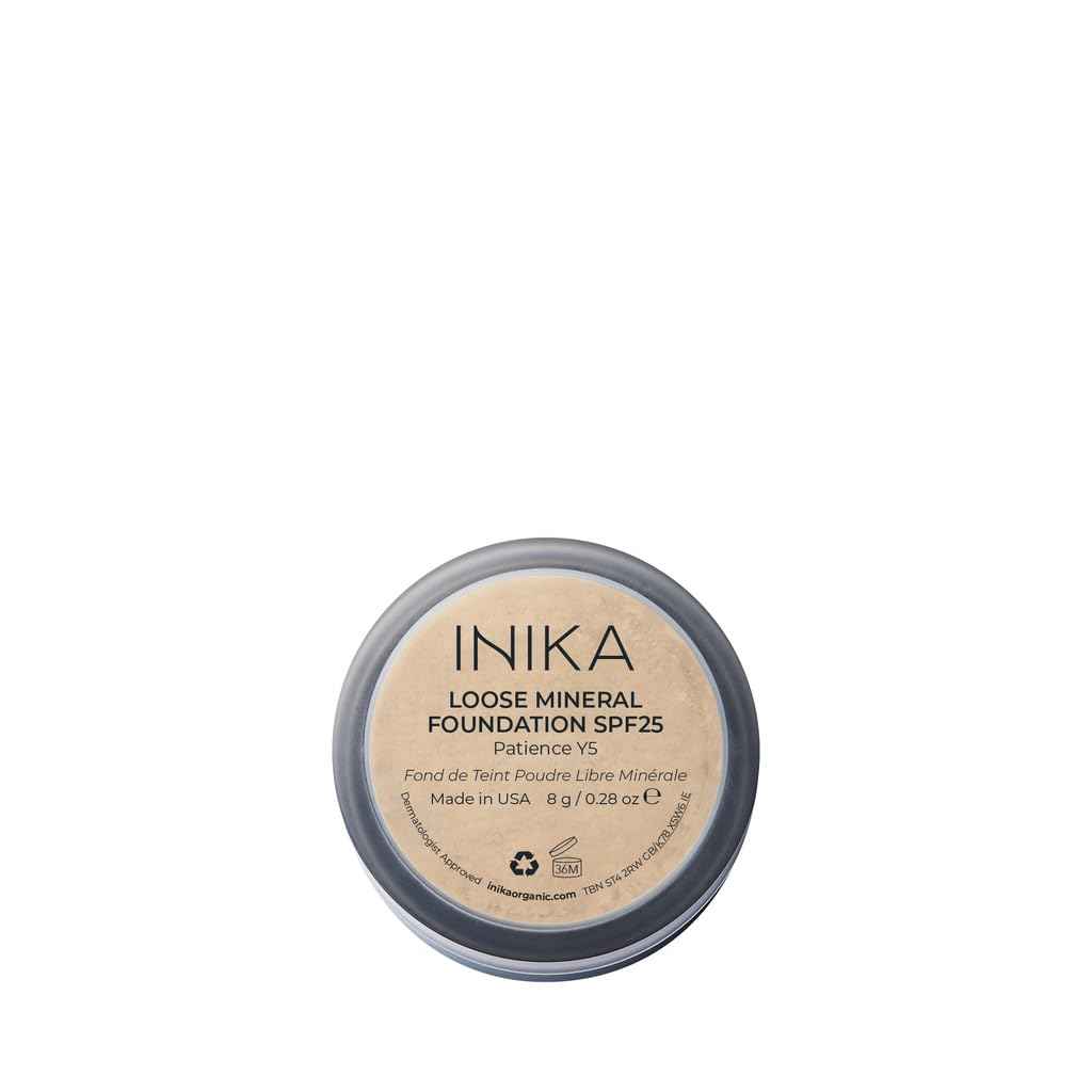 INIKA Organic Mineral Powder Foundation with SPF 25 - Vegan Makeup, Natural Looking, Buildable Coverage, Flawless Radiance & Glow, Blemish Coverage, Cruelty Free, Sustainable Packaging, Patience, 8g