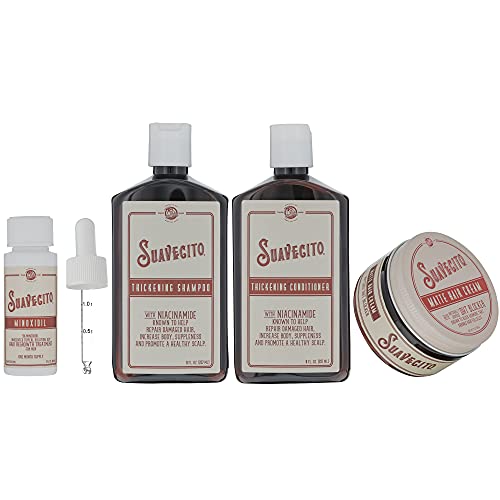 Suavecito Hair Loss Treatment Kit For Hair Regrowth - Minoxidil 5%, Hair Thickening Shampoo & Conditioner With Niacinamide & Biotin, Matte Hair Cream With DHT Blocker For Styling Thinning Hair To Look Thick & Full With Volume