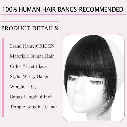 ORIGEN Clip in Bangs Real Human Hair Clip on Wispy Bangs Fringe with Temples Hairpieces Fake Front Bangs Extensions for Women Jet Black Color