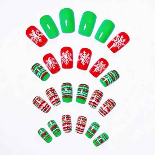 Christmas Acrylic Short Square Press on Nails with Snowflake Design - 24Pcs Full Cover Reusable Stick on Nails for Women Girls