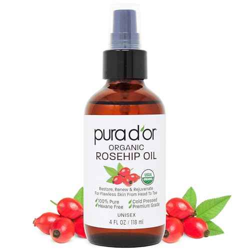PURA D'OR 4 Oz ORGANIC Rosehip Seed Oil - 100% Pure Cold Pressed USDA Certified Anti-Aging Treatment - Vitamin A & C Rich - Helps Fade Appearance of Scars & Stretch Marks - For Face, Hair & Body