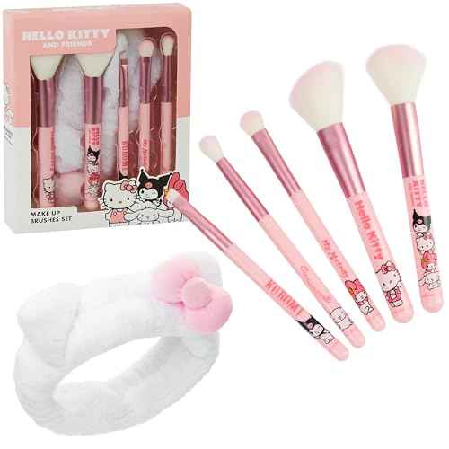 Hello Kitty Makeup Brush Set of 5 Kawaii Fluffy Makeup Headband Women Teens Girls Powder Brush Eyeshadow Brush Beauty Set Anime Cute Gifts