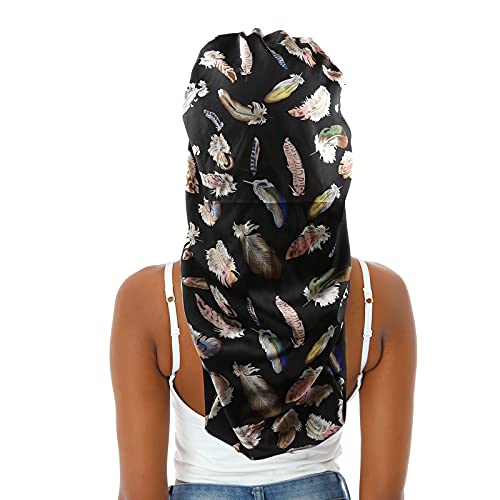 Extra Long Bonnet Sleeping Cap with Elastic Band, Single Layer Silky Satin Bonnet Night Sleep Cap for Women Braids/Dreadlocks/locs/Curly/Long Hair (Black Feathers)