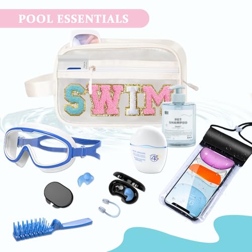 COSHAYSOO Clear SWIM Makeup Bag with Preppy Letter Patch Beach Pool Travel Essential Gifts for Women Swimmer Swimming Team Teenager Girls Cute Toiletry Zipper Pouch Cosmetic Purse Organizer