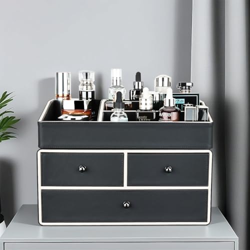 KINGFOM 2 Tier PU Leather Makeup Organizer with 3 Drawers, Cosmetic Storage Organizers for vanity Dresser Countertop and Bathroom Vanity, Beauty Holder for Lipstick Brush Skincare (Black)