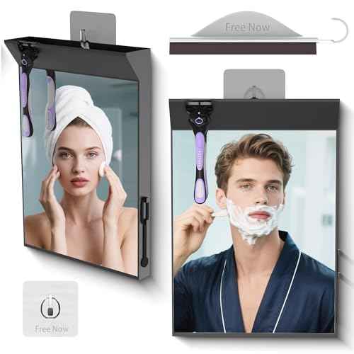 Wall Mount Anti Fog Mirror for Shower,Large Black Mirror for Bathroom,Hot Water Powered Defogging Shower Mirrors for Shaving for Women Makeup,Heated Makeup Mirror Hanging with Hook