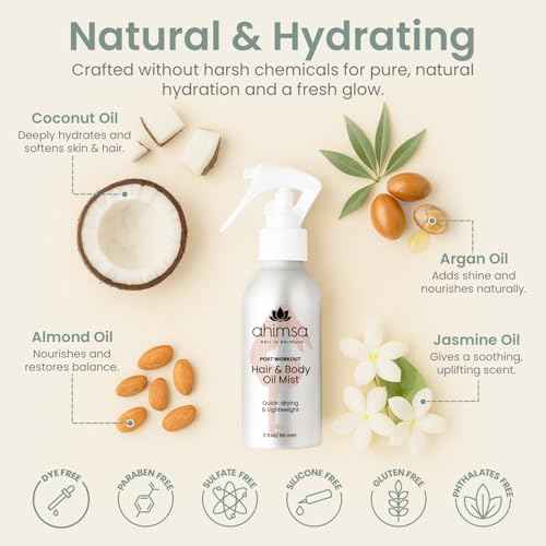 Ahimsa Hair and Body Mist Glow Spray, Fast-Drying Non-Greasy Dry Oil Hair Perfume Spray, Body Mist for Women with Jasmine, Coconut, & Argan Oil, All Natural Perfume Women Lightweight Fragrance Mists