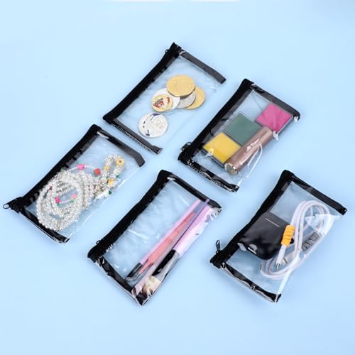5 Pcs Small Clear Makeup Pouches, Waterproof Cosmetic Bag with Zipper Portable Cosmetic Case Travel Organizer Kit Storage Holder for Purse Lipstick Travel Makeup Bathroom Vacation Organizing (Black)