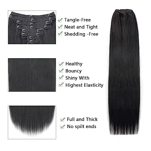 Yaki Straight Clip in Hair Extensions for Black Women Thick Light Yaki Straight Clip ins 100% Real Soft Human Hair 8Pcs Per Set with 18Clips Double Lace Weft,120Gram Natural Black (26Inch, #1B)