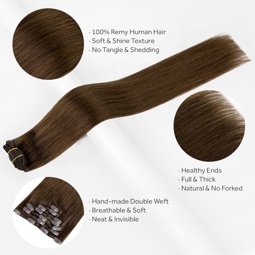 Clip in Hair Extensions Real Human Hair, 100% Remy Chocolate Brown Hair Extensions for Long Hair, Tangle-free&Shedding-free, #4 20Inch 120G 7PCS