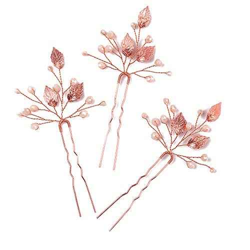 Missgrace Rose Gold Hair Pins (3 Packs), Crystal Leaf Wedding Hair Accessories for Women