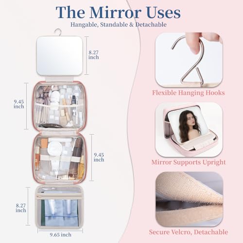 GLINT & GLIDE Travel Makeup Bag with Mirror-Hanging Toiletry Large Capacity, Organizer Toiletries Bag, Portable Cosmetic Case for Women and Girls, Pink