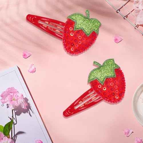 IKOLA Snap Hair Clips for Girls, Sequin Strawberry Hair Clips Water Drop Non Slip Fabric Hair Barrettes Sparkly Hair Accessories for Kids, Toddler Girls - Red
