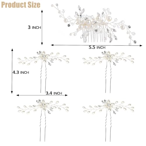 5 Pieces Wedding Hair Accessories: Pearl Crystal Rhinestone Hair Comb, Hair Pins for Brides, Bridesmaids, Women, Girls (Silver, Gold)