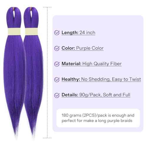 long Purple Braiding Hair Pre stretched Synthetic Hair Extensions for Braids,Yaki Texture Purple Hair Extensions for Stage Party Halloween Costume Cosplay 24 inch